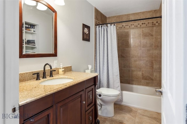 full bathroom with vanity, shower / bathtub combination with curtain, and toilet