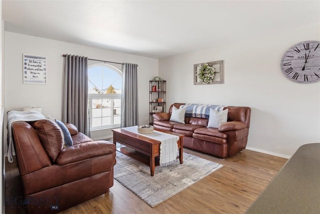living area featuring baseboards and wood finished floors