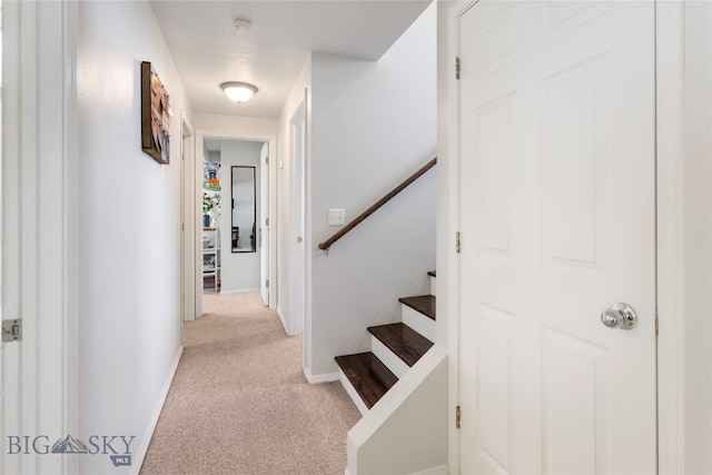hallway featuring baseboards and light carpet