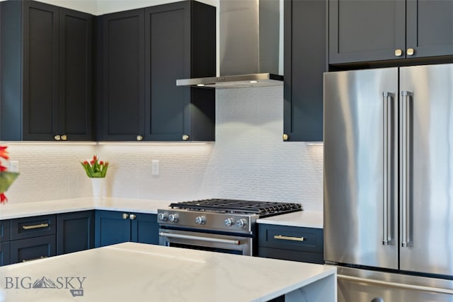 kitchen featuring decorative backsplash, appliances with stainless steel finishes, and wall chimney exhaust hood