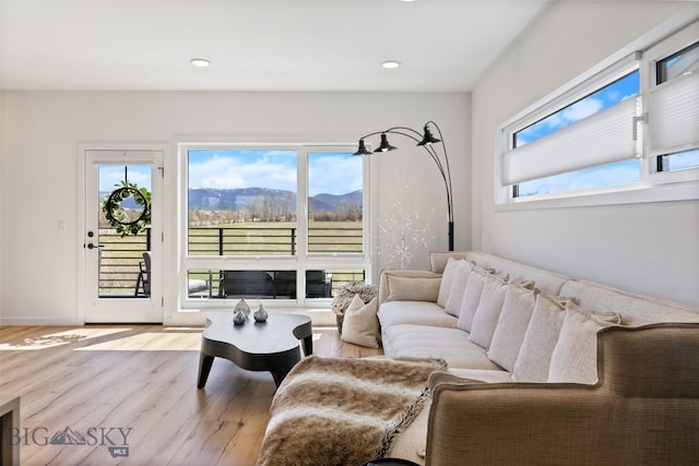 living area featuring a mountain view, wood finished floors, and recessed lighting