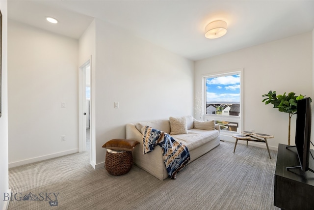living room with baseboards and carpet