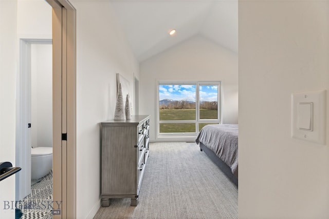 bedroom with carpet floors, baseboards, and vaulted ceiling