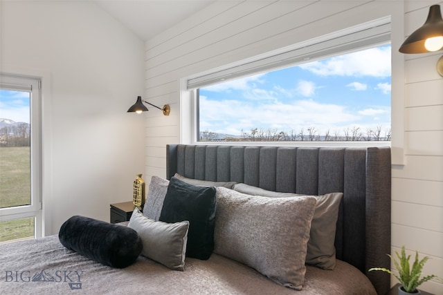 living area featuring lofted ceiling and wood walls