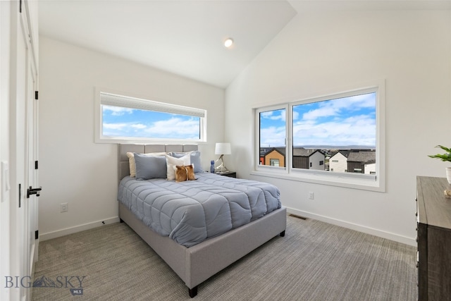bedroom featuring recessed lighting, baseboards, visible vents, high vaulted ceiling, and light carpet