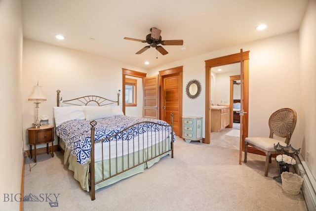 bedroom with recessed lighting, a ceiling fan, and light colored carpet