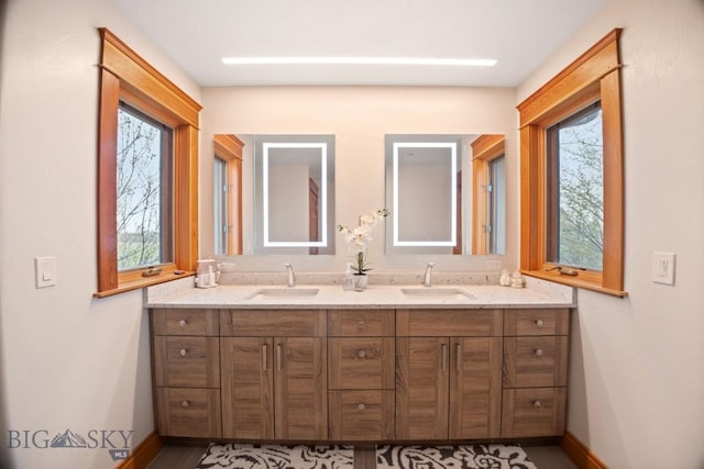 bathroom with a sink, baseboards, and double vanity