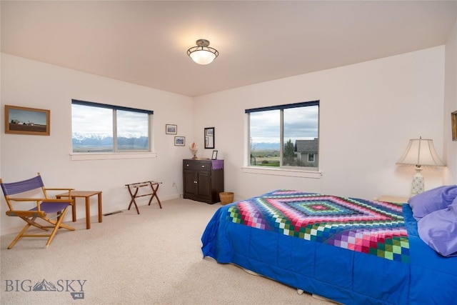 bedroom featuring multiple windows, carpet flooring, and visible vents