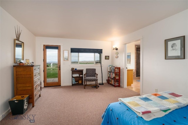 bedroom featuring baseboards and light carpet