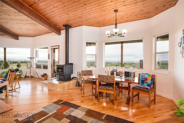 dining room with wood ceiling, a wood stove, light wood-type flooring, beamed ceiling, and a chandelier