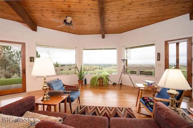 living room with a ceiling fan, wooden ceiling, beam ceiling, and wood finished floors