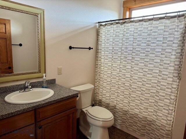 7510 Woodworth Rd, Ovando, MT 59854 - full bath with toilet, vanity, and a shower with shower curtain
