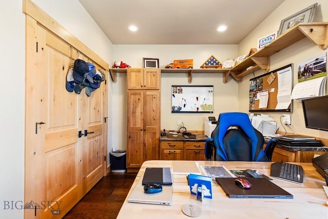 home office featuring recessed lighting and dark wood finished floors