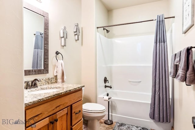 full bath with vanity, tile patterned floors, toilet, and shower / bath combination with curtain