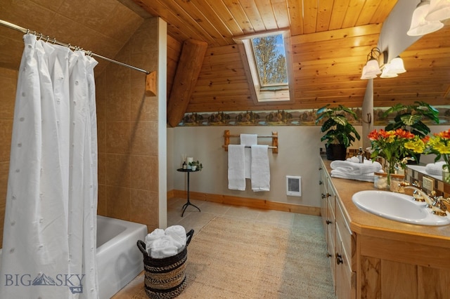 624 Rocking Horse Dr, Bozeman, MT 59718 - bathroom with a sink, double vanity, a skylight, visible vents, and wood ceiling
