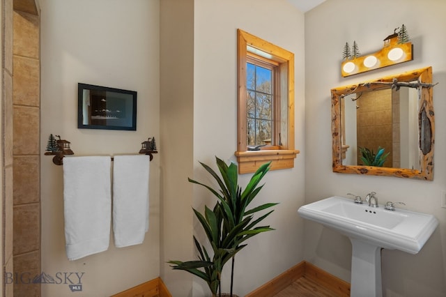 624 Rocking Horse Dr, Bozeman, MT 59718 - bathroom with a shower with shower curtain, baseboards, a sink, and wood finished floors