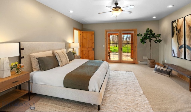 624 Rocking Horse Dr, Bozeman, MT 59718 - bedroom with light carpet, baseboard heating, access to exterior, recessed lighting, and a ceiling fan