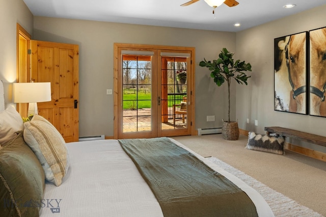 624 Rocking Horse Dr, Bozeman, MT 59718 - bedroom featuring access to outside, recessed lighting, carpet floors, and a baseboard heating unit