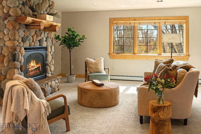 624 Rocking Horse Dr, Bozeman, MT 59718 - sitting room with a fireplace, a baseboard radiator, carpet, and recessed lighting