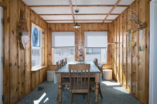 dining room with wooden walls and carpet flooring
