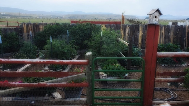 view of gate featuring a mountain view and fence