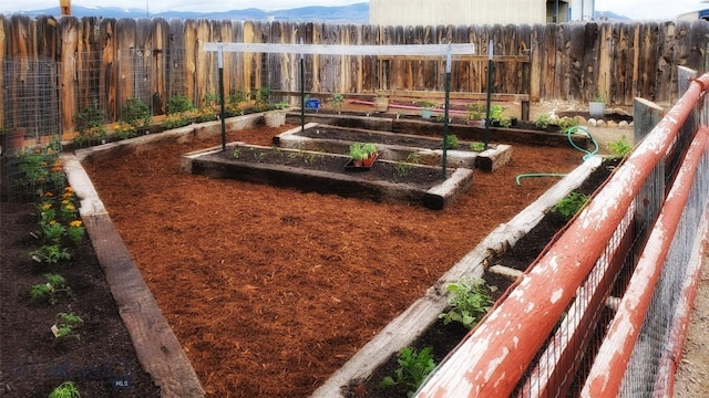 exterior space with fence and a vegetable garden