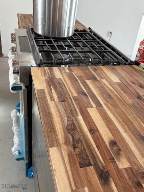 interior details featuring stainless steel gas range oven and wooden counters