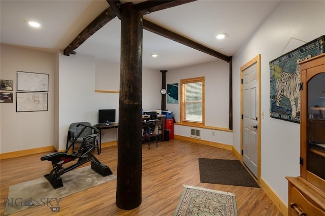189 Quinn Creek Rd, Bozeman, MT 59715 - exercise room featuring recessed lighting, baseboards, visible vents, and wood finished floors
