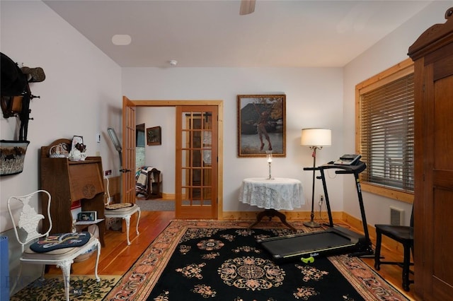 189 Quinn Creek Rd, Bozeman, MT 59715 - exercise area with french doors, visible vents, wood finished floors, and baseboards