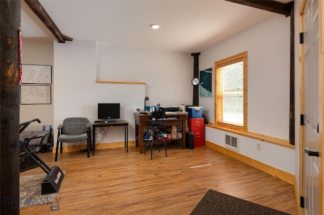 189 Quinn Creek Rd, Bozeman, MT 59715 - office area featuring recessed lighting, baseboards, visible vents, wood finished floors, and beam ceiling