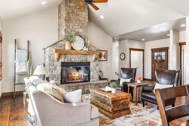14549 High Flat Rd, Bozeman, MT 59718 - living area featuring a fireplace, ceiling fan, lofted ceiling, wood finished floors, and recessed lighting