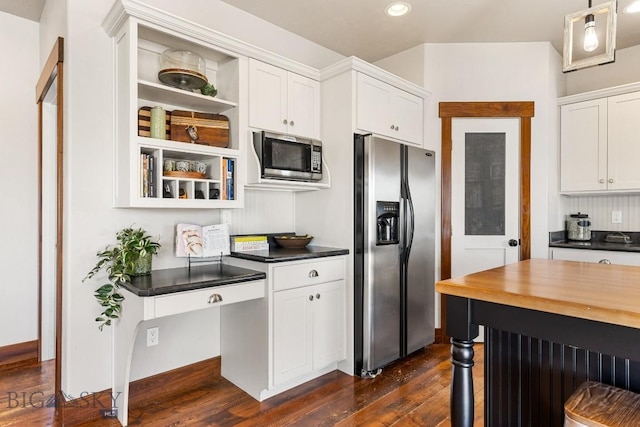 14549 High Flat Rd, Bozeman, MT 59718 - kitchen featuring appliances with stainless steel finishes, dark wood-style flooring, recessed lighting, white cabinetry, and open shelves