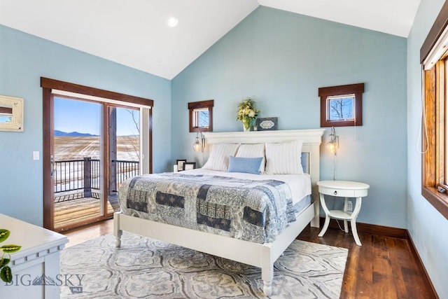14549 High Flat Rd, Bozeman, MT 59718 - bedroom with access to exterior, wood finished floors, a mountain view, and high vaulted ceiling