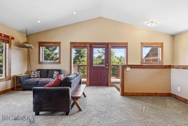 381 Bozeman Trail Rd, Bozeman, MT 59715 - living room featuring lofted ceiling, baseboards, and carpet floors