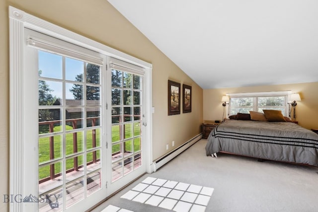 381 Bozeman Trail Rd, Bozeman, MT 59715 - bedroom with access to outside, lofted ceiling, a baseboard heating unit, and carpet floors