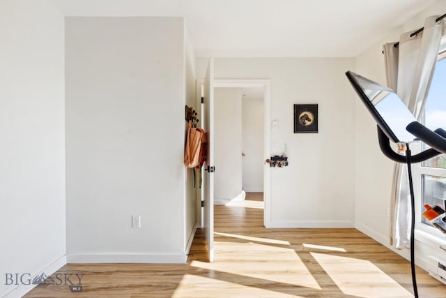 workout area featuring baseboards and light wood-style floors