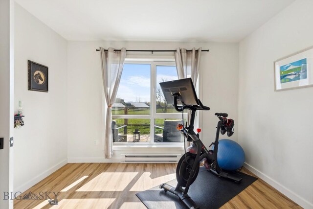 workout room featuring wood finished floors, a wealth of natural light, and a baseboard heating unit