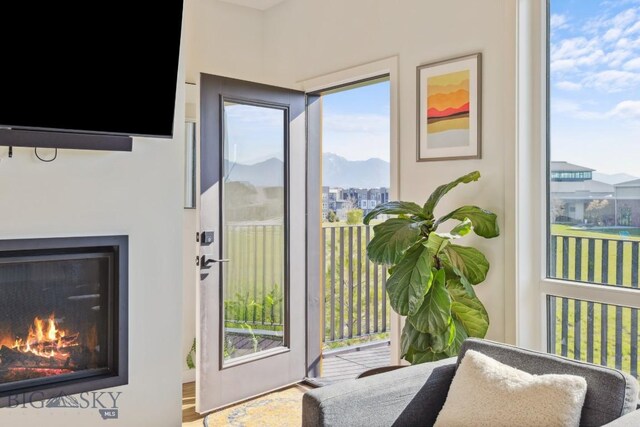 doorway to outside with a glass covered fireplace