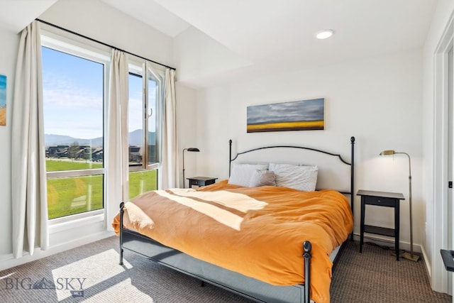 bedroom featuring carpet floors, baseboards, and a mountain view