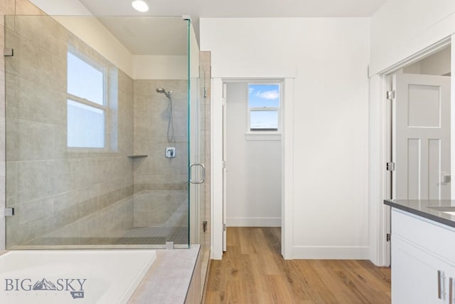 full bath with baseboards, a shower stall, plenty of natural light, and wood finished floors