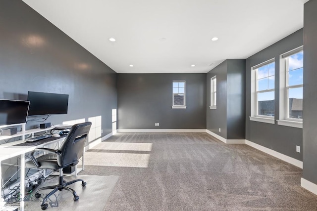 carpeted office with baseboards and recessed lighting