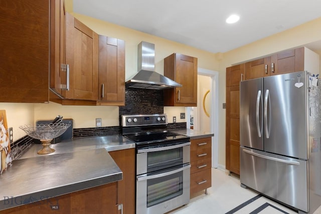 1014 S 6th St, Bozeman, MT 59715 - kitchen with brown cabinetry, wall chimney exhaust hood, backsplash, stainless steel counters, and appliances with stainless steel finishes