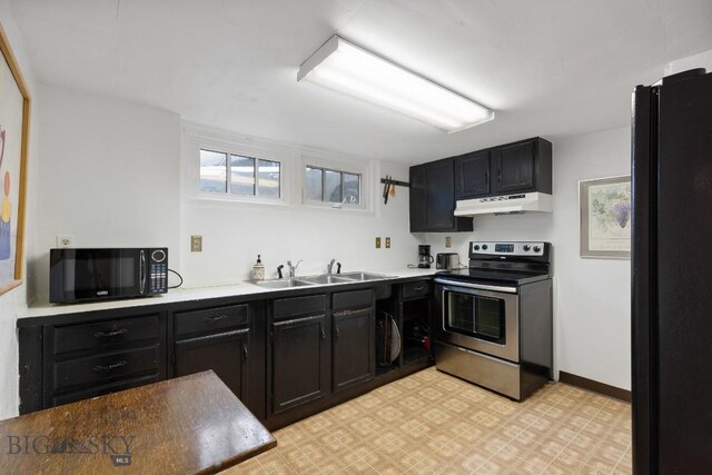 1014 S 6th St, Bozeman, MT 59715 - kitchen with under cabinet range hood, dark cabinets, black appliances, and a sink