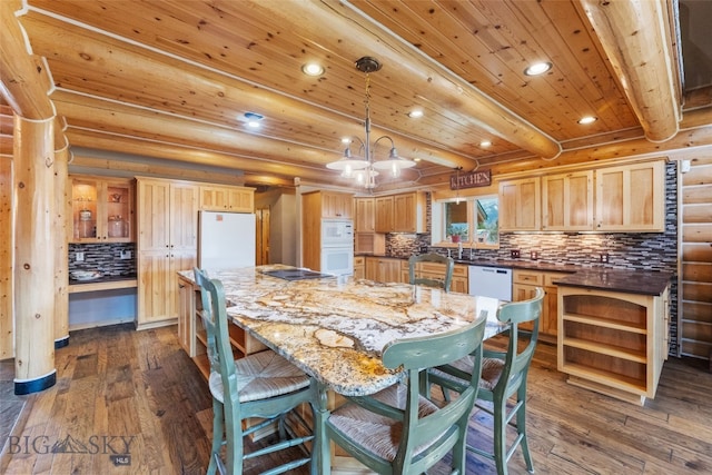 kitchen featuring white appliances, open shelves, dark wood finished floors, backsplash, and rustic walls
