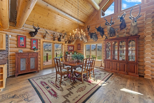 dining area with high vaulted ceiling, hardwood / wood-style flooring, beamed ceiling, and rustic walls