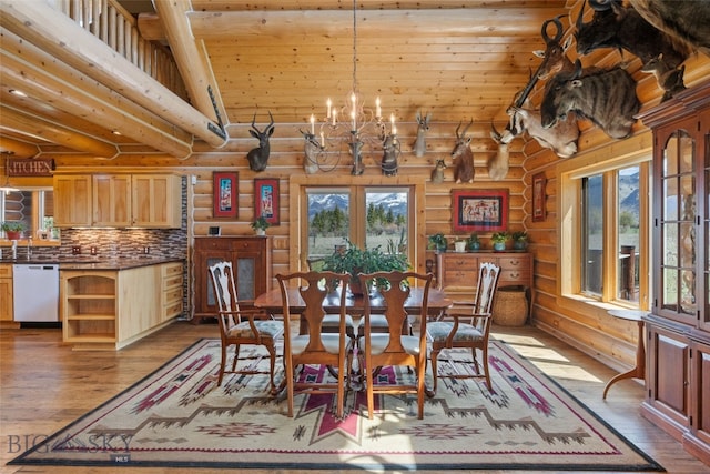 dining area featuring wooden ceiling, hardwood / wood-style floors, and rustic walls