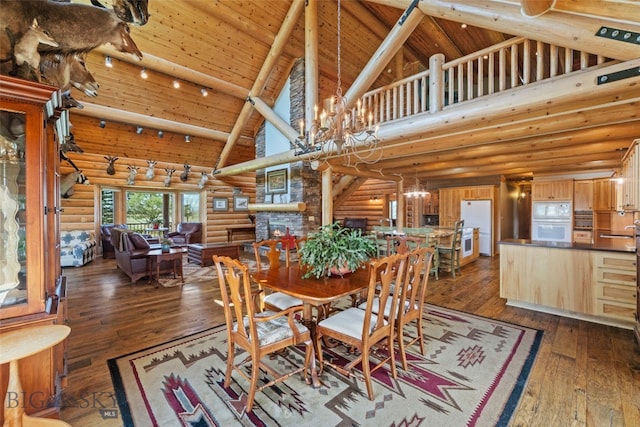 dining area featuring an inviting chandelier, high vaulted ceiling, log walls, dark wood-type flooring, and wooden ceiling