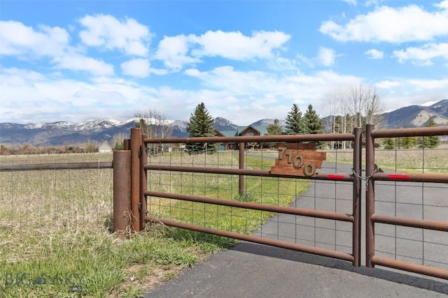 view of gate featuring a mountain view and a rural view