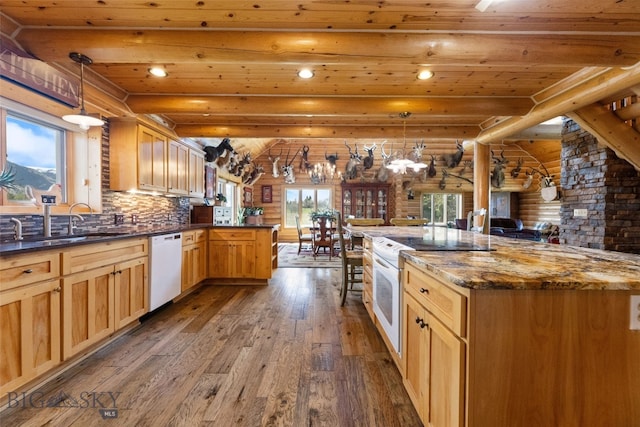 kitchen featuring recessed lighting, white appliances, log walls, wood-type flooring, and wood ceiling