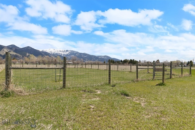 view of yard featuring a mountain view, a rural view, and fence